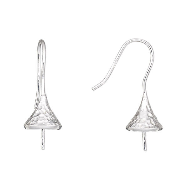 Ear wire, sterling silver, 22mm hammered fishhook bell with 5mm peg, fits 8-10mm half-drilled bead, 20 gauge. Sold per pair. image number 0