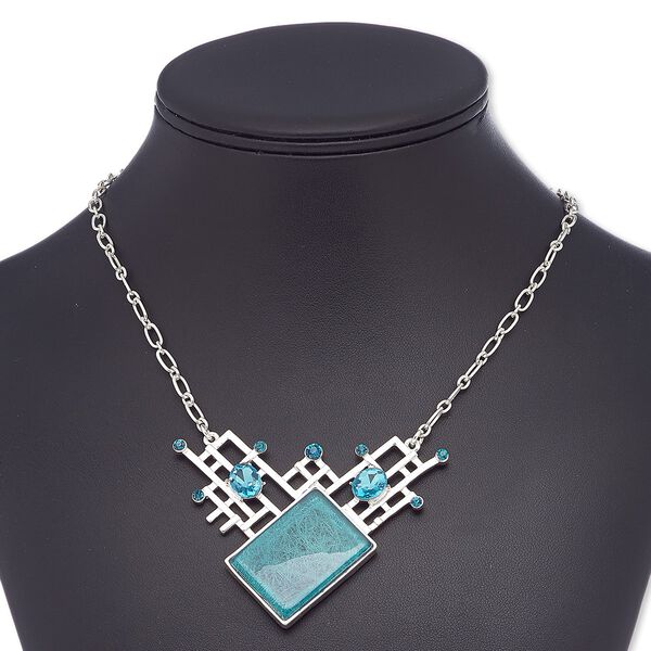Necklace, glass rhinestone / glass / resin / silver-plated steel / "pewter" (zinc-based alloy), blue and teal, 2-3/4 x 2-1/4 inches with diamond, 18 inches with 2-inch extender chain and lobster claw clasp. Sold individually. image number 0