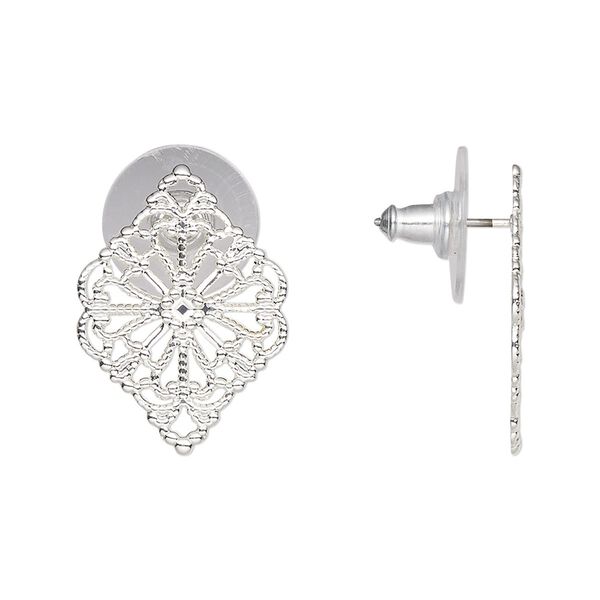 Earring 1pkg2 silver-plated, 21x15mm filigree diamond, brass / stainless steel 1 pair image number 0