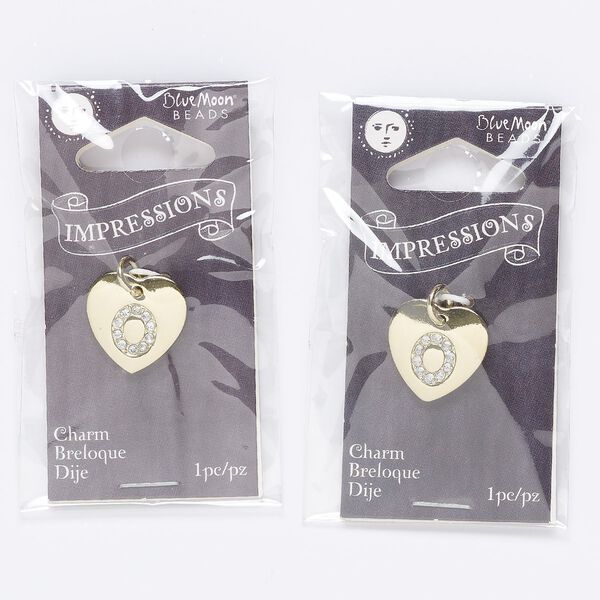 Charm, gold-finished "pewter" (zinc-based alloy) / steel / acrylic rhinestone, clear, 15.5mm single-sided puffed heart with letter "O." Sold per pkg of 2. image number 0