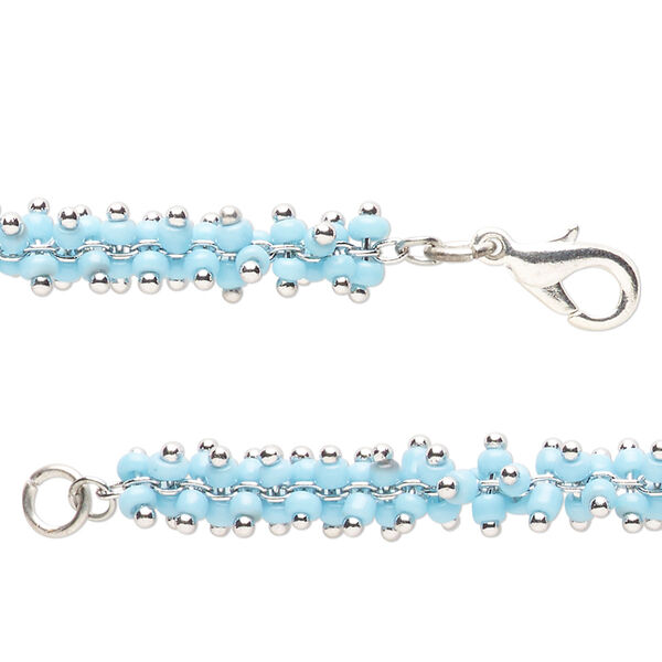 Bracelet, steel and glass, pkg/1, 7-1/2 inches, 6mm wide, silver finish and baby blue. image number 0