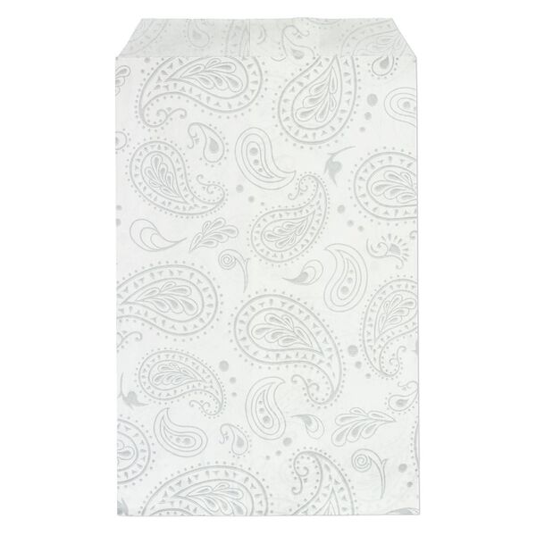 Bag, paper, white and silver, 6x4 inch rectangle with paisley-print and scalloped top edge. Sold per pkg of 100. image number 0