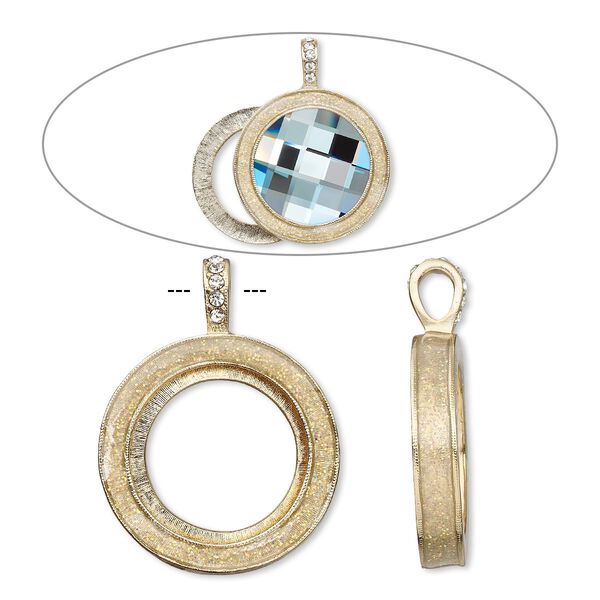 Pendant, Almost Instant Jewelry®, epoxy / crystals / gold-finished "pewter" (zinc-based alloy), crystal clear with glitter, 45x35mm single-sided with 30mm round setting. Sold individually. image number 0