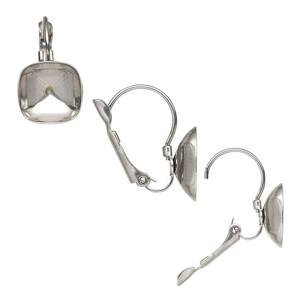 Ear wire leverback 1pkg4 Almost instant jewelry®, 22mm / 12mm cushion glue-in setting, stainless steel 2 pair image number 0