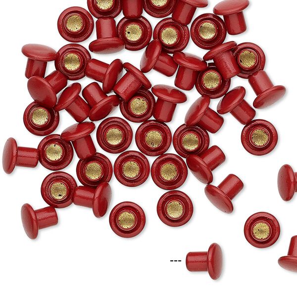 Rivet, acrylic and brass, red, 5.5x5mm with 3mm shank and 2.5mm inside diameter, fits 3.5-5mm hole. Sold per pkg of 50. image number 0