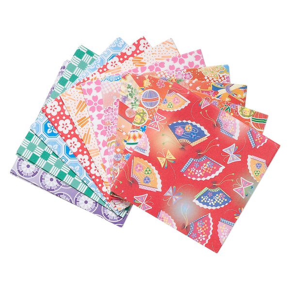 Origami paper, Washi, multicolored, 3x3-inch square, 10 total patterns. Sold per pkg of 300 sheets. image number 0