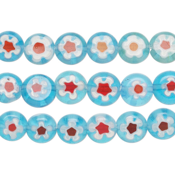 Bead mix, millefiori glass, translucent light blue / red / white, 8-9mm puffed flat round with flower design. Sold per pkg of (3) 14-inch strands. image number 0