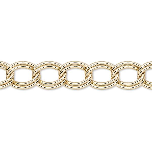 Chain, gold-finished steel, 8mm double curb. Sold per pkg of 5 feet. image number 0