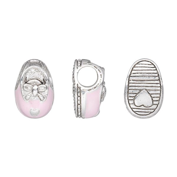 Bead, Dione®, enamel and antique silver-plated pewter (tin-based alloy), baby pink, 15x10mm baby shoe with bow and heart on sole. Sold individually. image number 0