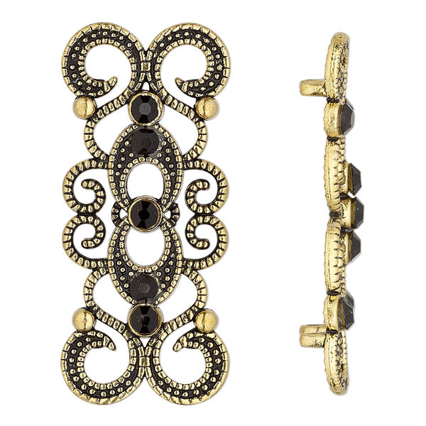 Spacer, antique gold-finished "pewter" (zinc-based alloy) and Czech glass rhinestone, black, 39x16mm 2-strand fancy rectangle. Sold per pkg of 4. image number 0