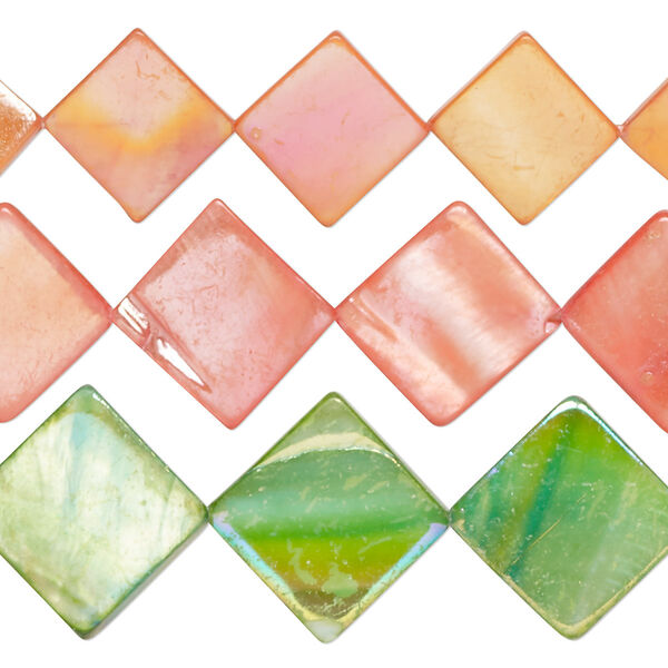 Bead mix, mother-of-pearl shell (bleached / dyed), multicolored AB, 12x11mm-16mm flat diamond with 0.4-0.6mm hole, Mohs hardness 3-1/2. Sold per pkg of (3) 15-inch strands. image number 0
