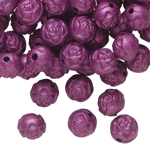 Bead, acrylic, opaque dark purple, 8mm round rose. Sold per pkg of 100. image number 0