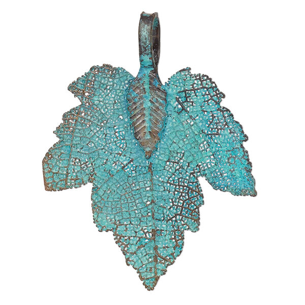 Pendant, copper-plated brass and Indian rubber plant, green patina, 32x28mm-36x28mm double-sided maple leaf. Sold individually. image number 0