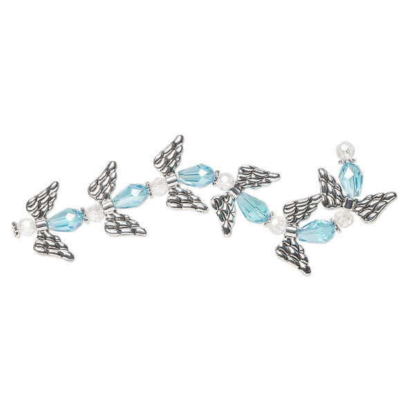 Bead, crystal and antique silver-plated "pewter" (zinc-based alloy), translucent clear and light turquoise blue AB, 19.5x16mm angel. Sold per pkg of 6. image number 0