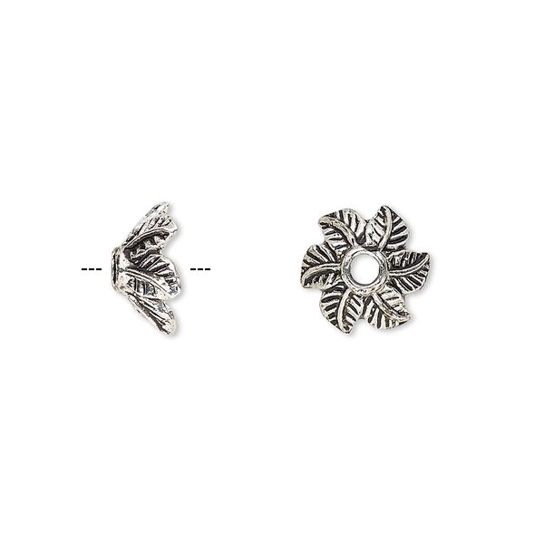 Bead cap, antique silver-finished "pewter" (zinc-based alloy), 10x5mm leaf with 2.5mm hole, fits 8-12mm bead. Sold per pkg of 20. image number 0