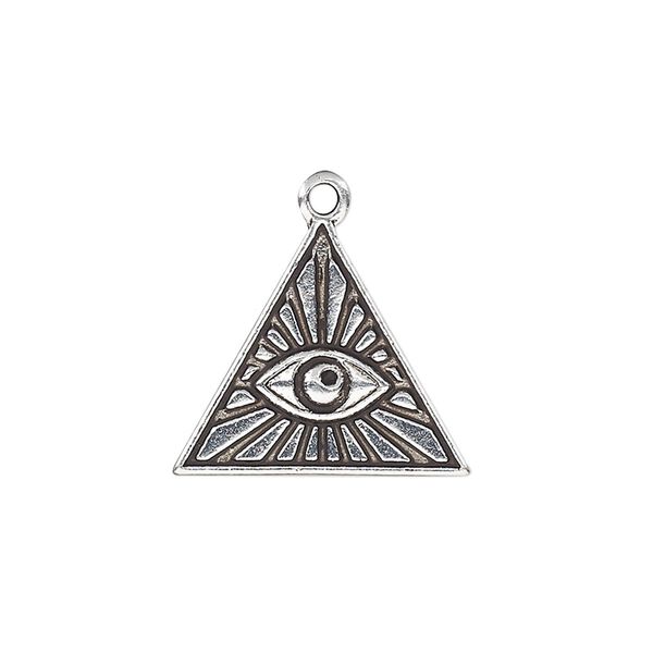 Charm, antique silver-plated pewter (tin-based alloy), 20x18mm single-sided pyramid with Eye of Providence. Sold per pkg of 2. image number 0