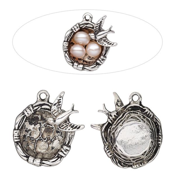 Charm, antique silver-finished "pewter" (zinc-based alloy), 24x22mm 3D bird nest, fits (3) 4mm beads. Sold per pkg of 2. image number 0