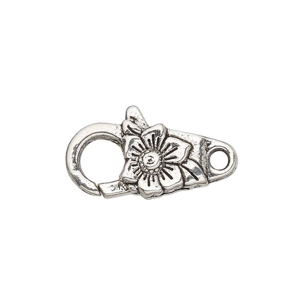 Clasp, lobster claw, antique silver-plated "pewter" (zinc-based alloy), 24x10.5mm with double-sided flower design. Sold per pkg of 6. image number 0