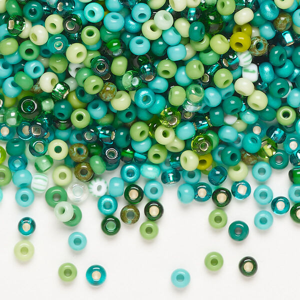 Seed bead mix, Preciosa Czech glass, pkg/50g, #8 round, opaque and translucent multi-green. image number 0