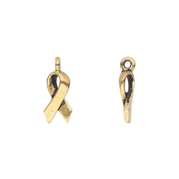 Charm, TierraCast®, antique gold-plated pewter (tin-based alloy), 13x7mm double-sided awareness ribbon. Sold per pkg of 2. image number 0