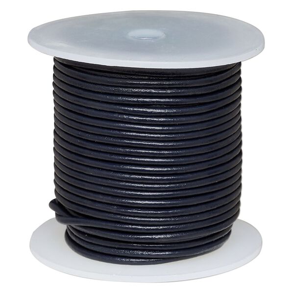 Cord, leather (dyed), navy blue, 2mm round. Sold per 25-yard spool. image number 0