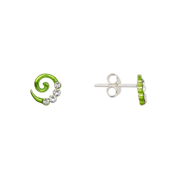Earstud, Create Compliments®, enamel and sterling silver, green, 7mm swirl. Sold per pair. image number 0