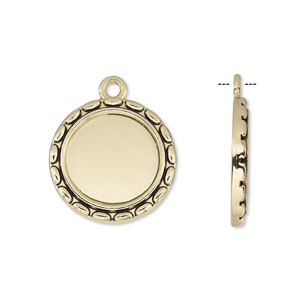 Drop, antique gold-finished "pewter" (zinc-based alloy), 19mm round with oval edge and 14mm round setting. Sold per pkg of 6. image number 0