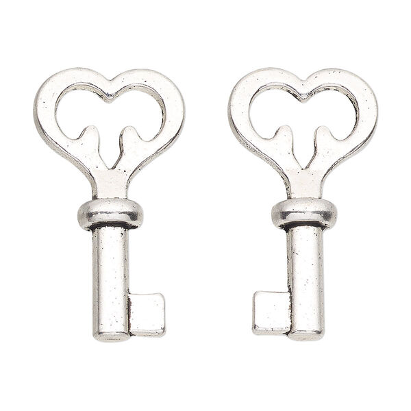 Focal, antique silver-finished "pewter" (zinc-based alloy), 30x16mm 3D heart key. Sold per pkg of 4. image number 0