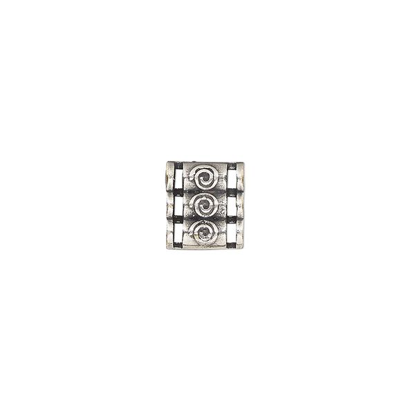 Spacer, antique silver-plated brass, 9.5x8.5mm double-sided 3-strand triple round tube with raised swirl design, fits up to 2mm bead. Sold individually. image number 0