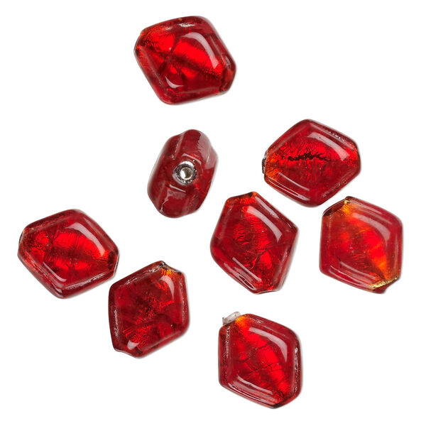 Bead, lampworked glass, opaque red, 16x15mm-14x12mm puffed kite with silver-colored foil. Sold per pkg of 8. image number 0