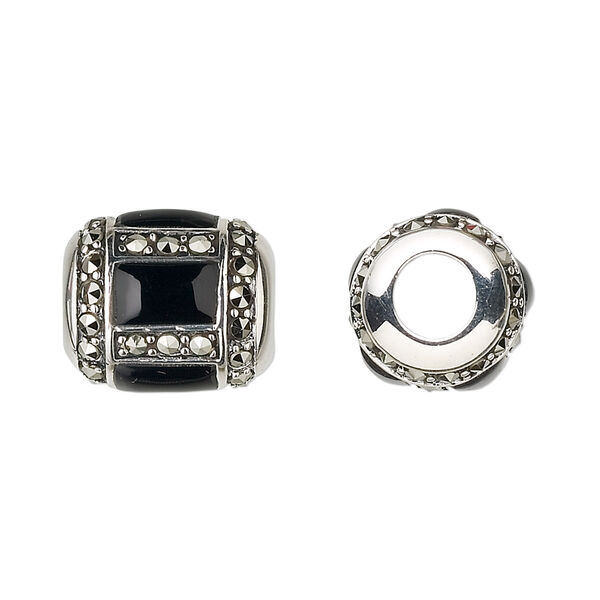 Marcasite / black onyx / sterling silver 1pkg1, round tube bead 15x13mm image number 0