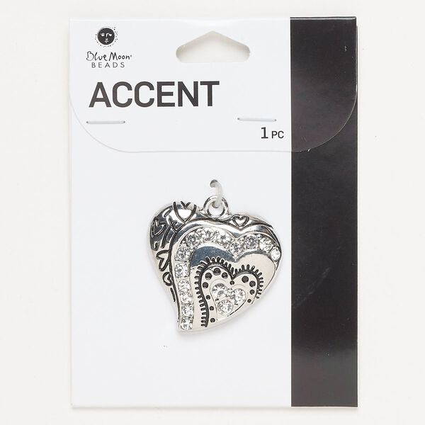 Focal, silver-finished brass / glass / enamel, clear and black, 33x30mm single-sided heart. Sold individually. image number 0