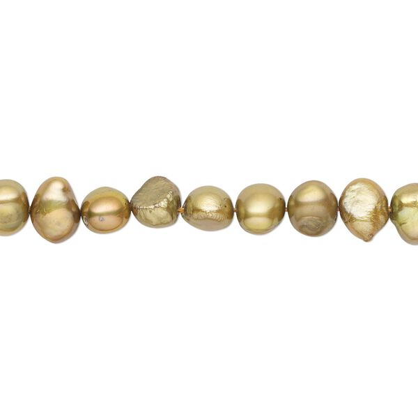 Pearl, cultured freshwater (dyed), golden olive, 6-7mm flat-sided potato with 0.4-0.6mm hole, D grade, Mohs hardness 2-1/2 to 4. Sold per 15-inch strand. image number 0
