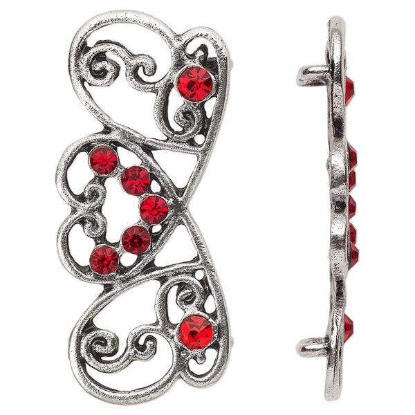 Spacer, antiqued silver-finished "pewter" (zinc-based alloy) and Czech glass rhinestone, light Siam, 41x17mm 2-strand fancy rectangle. Sold per pkg of 4. image number 0