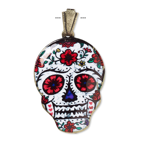Pendant, resin and gold-finished brass, red / white / multicolored, 30x22mm Dia de los Muertos skull with flower pattern and open bail. Sold individually. image number 0