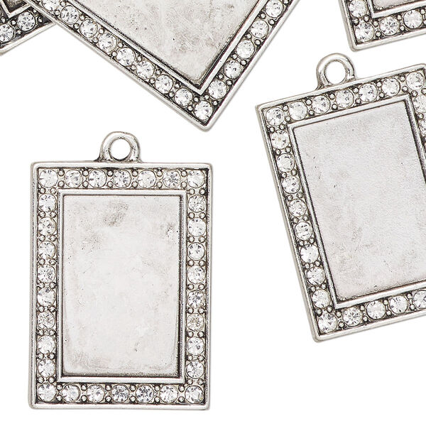 Drop, antique silver-finished "pewter" (zinc-based alloy) and glass, clear, 26x19mm rectangle with 18.5x12mm rectangle setting. Sold per pkg of 6. image number 0