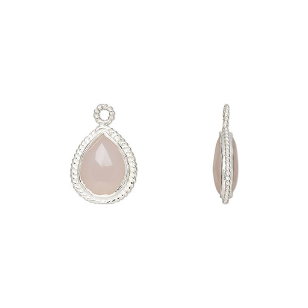 Drop, pink chalcedony (dyed) and sterling silver, 11x9mm-12x10mm hand-cut double-sided faceted puffed teardrop with rope edge design, B grade, Mohs hardness 6-1/2 to 7. Sold individually. image number 0