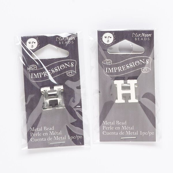 Bead, silver-finished "pewter" (zinc-based alloy), 13x11mm top-drilled alphabet letter "H" with 2mm hole. Sold per pkg of 2. image number 0