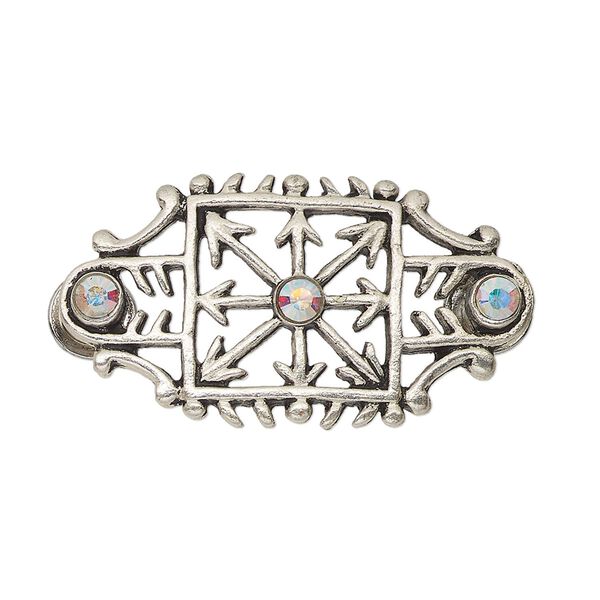 Focal, glass rhinestone with antiqued silver-finished steel and "pewter" (zinc-based alloy), clear AB, 34x18mm with cutout design and (2) screw fasteners. Sold individually. image number 0