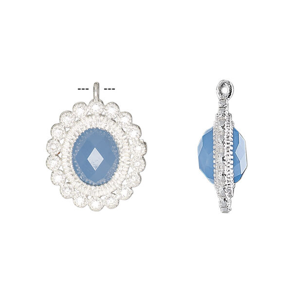 Drop, chalcedony (dyed) / cubic zirconia / sterling silver, clear and blue, 17x15mm single-sided faceted oval. Sold individually. image number 0