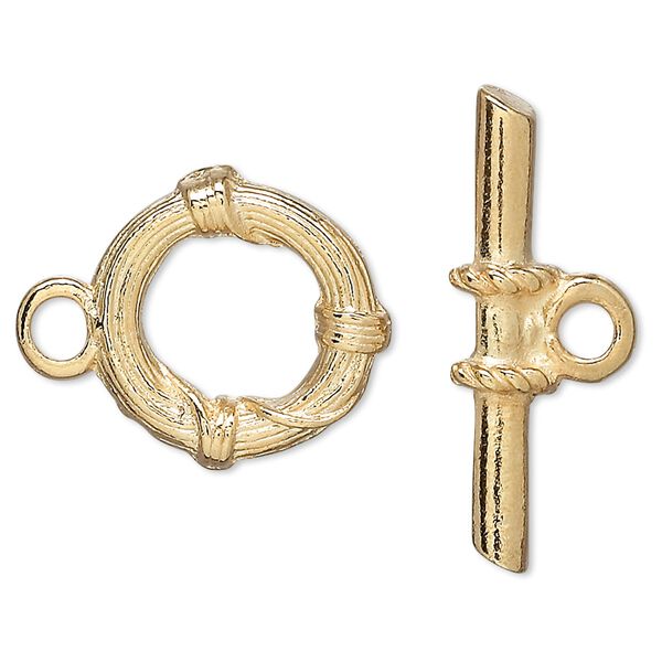 Clasp, toggle, gold-finished "pewter" (zinc-based alloy), 19mm round with bands. Sold per pkg of 10. image number 0