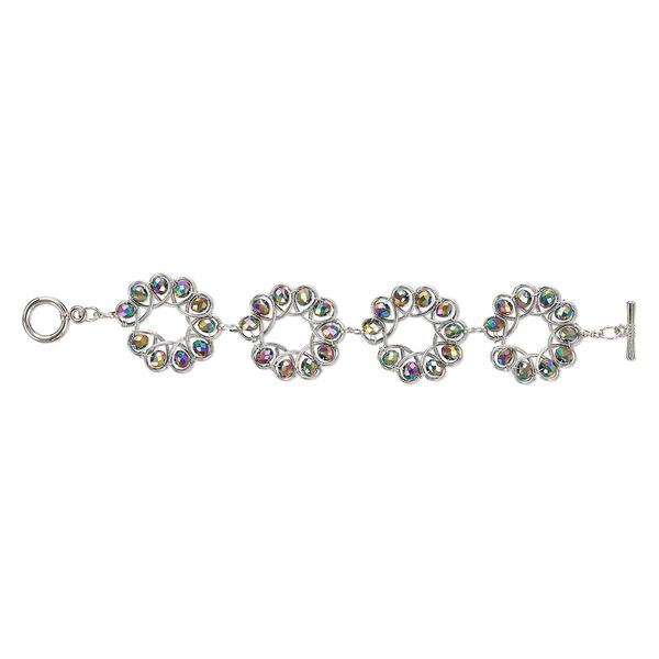 Bracelet, glass and silver-plated steel, purple AB, 34x30mm flower, 6-1/2 inches with toggle clasp. Sold individually. image number 0