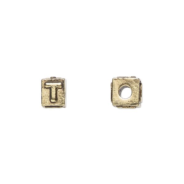 Bead, antique gold-plated pewter (tin-based alloy), 8x6mm rectangle with alphabet letter "T." Sold per pkg of 4. image number 0