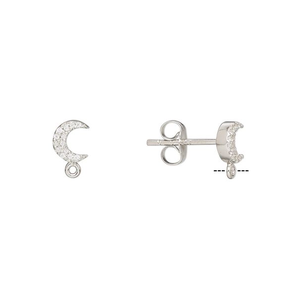 Earstud 1pkg2 rhodium-plated sterling silver / cubic zirconia, 6x5.5mm moon / closed loop / earnuts, clear 1 pair image number 0