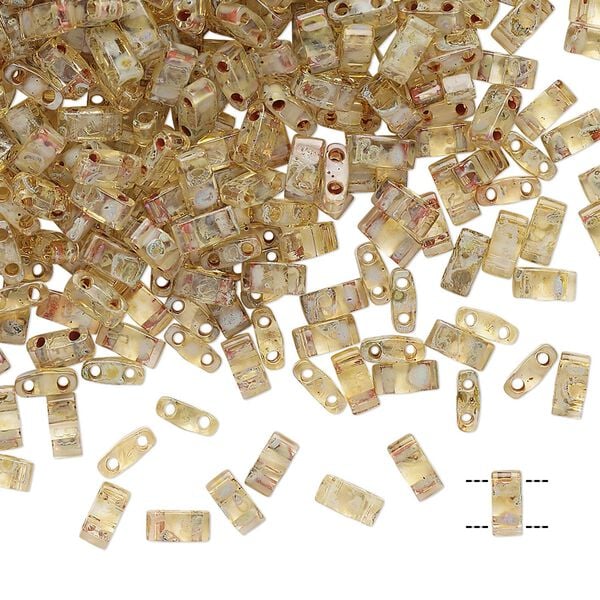 Seed bead, TILA®, glass, pkg/250g, 5x2.3mm half tila rectangle, translucent Picasso light amber, (HTL-4501). image number 0