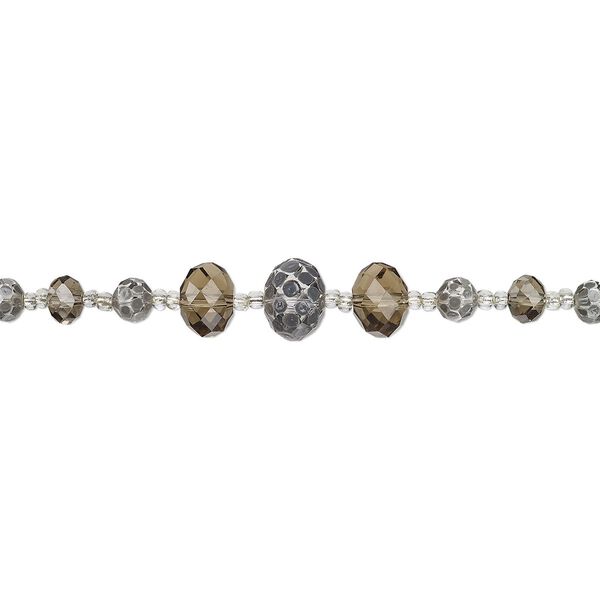 Bead, glass, clear / grey / smoky brown, 6x5mm-17x13mm graduated faceted rondelle with hand-painted polka dot design. Sold per 7-inch strand. image number 0