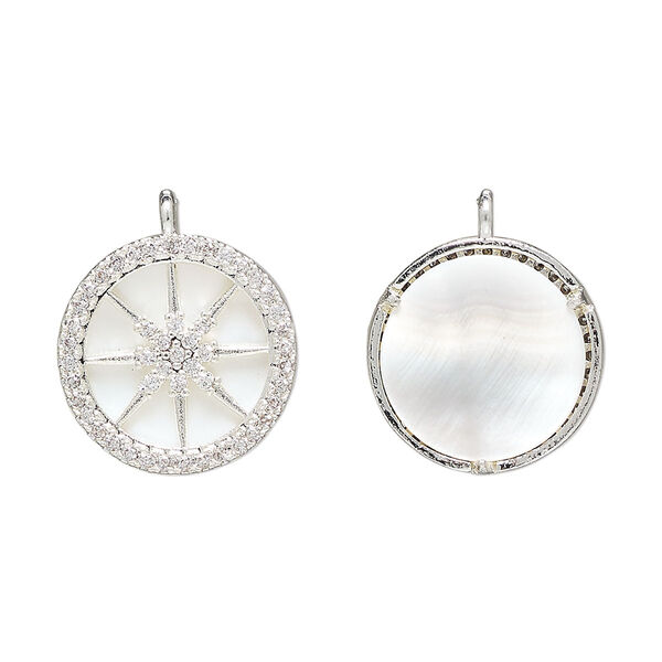 Drop 1pkg2 brass / freshwater pearl shell / glass rhinestone, 16mm round, bleached silver finish / white / clear image number 0