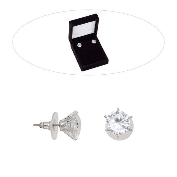 Earstud, cubic zirconia / stainless steel / rhodium-finished brass, clear, 11mm round with post. Sold per pair. image number 0