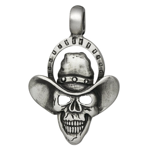Pendant, antiqued pewter (tin-based alloy), 54x35mm drover skull. Sold individually. image number 0