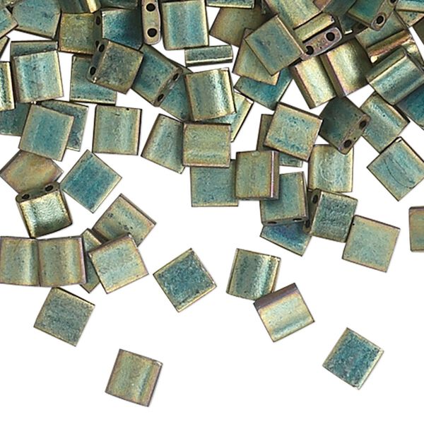Bead, Miyuki, TILA®, glass, opaque matte metallic iris green patina, (TL2008), 5mm square with (2) 0.8mm holes, fits up to 3mm beads. Sold per 10-gram pkg. image number 0